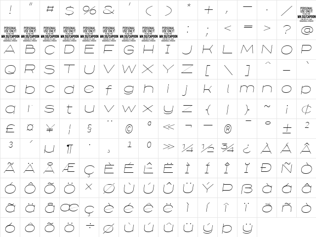 Capoon PERSONAL USE Thin Italic  glyph index