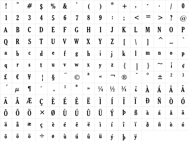 Cheltenham Bold Condensed  glyph index