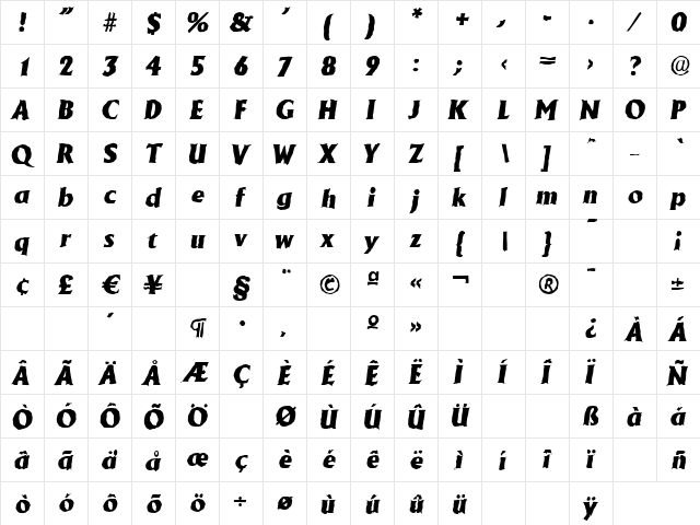 JacobBeckerAntique-Heavy Italic  glyph index