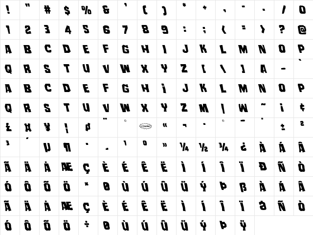 Mister Twisted Leftalic Italic  glyph index