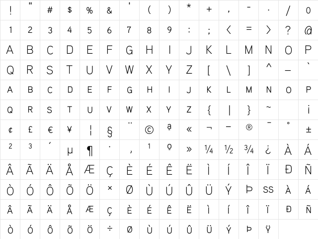 Aaux ProLight SC Regular  glyph index