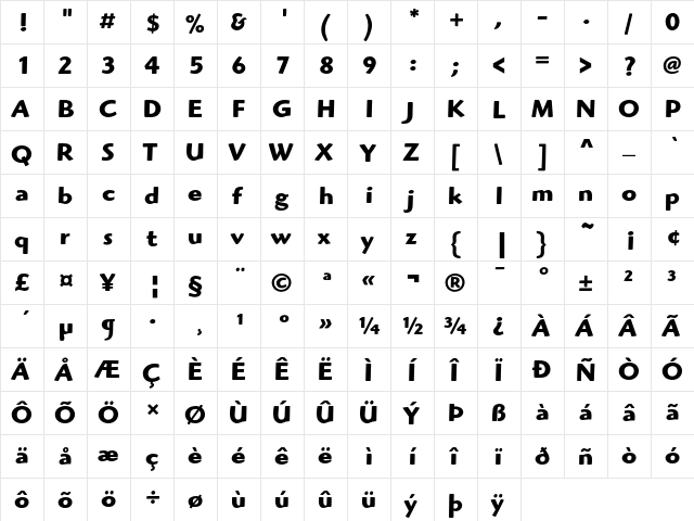 ITC Highlander Bold  glyph index