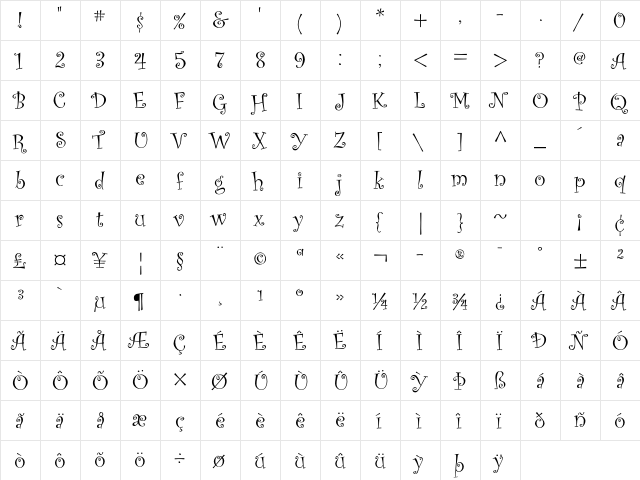 Curlz MT Std Regular  glyph index