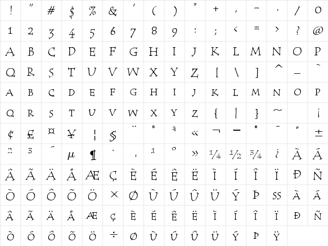 Tempus SC ITC TT Regular  glyph index