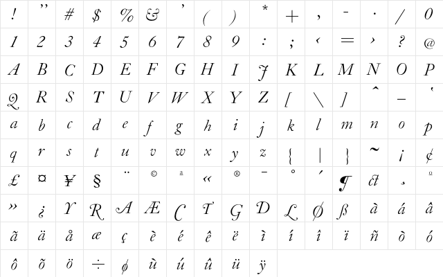 CaslonLW-Italic Regular  glyph index