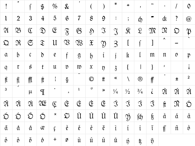 Kabinett-Fraktur Regular  glyph index