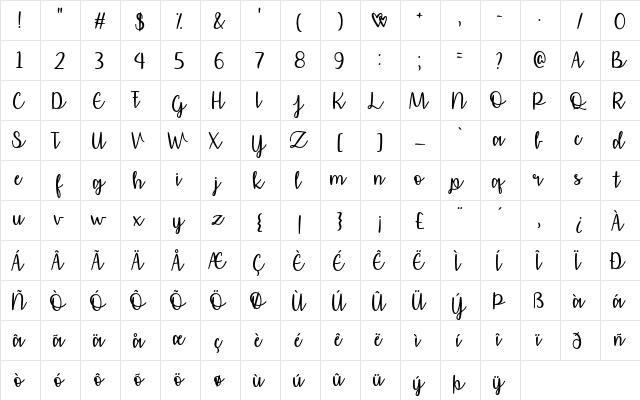 Affectionately Yours Regular  glyph index