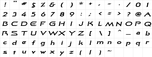 QuasarExtended Italic  glyph index
