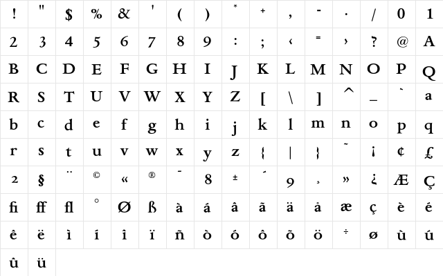 AsdanteBold Regular  glyph index