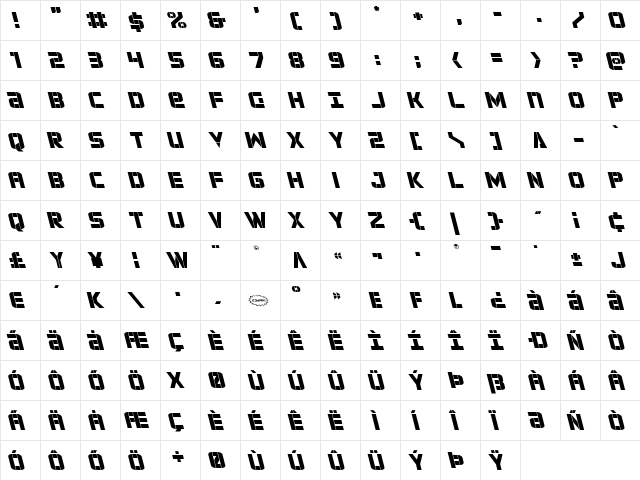 Force Commander Leftalic Italic  glyph index