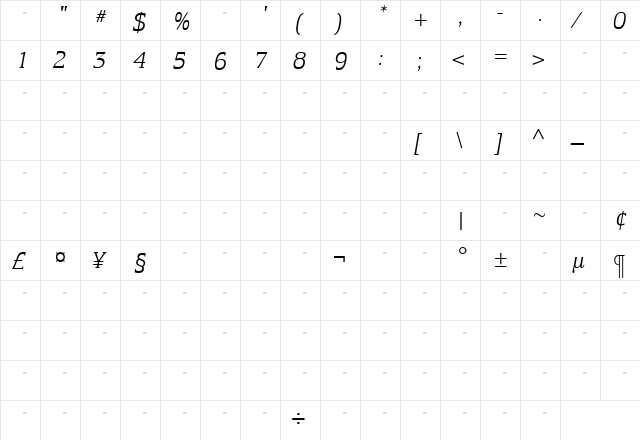 EquestrienneLightItalicTab Roman  glyph index