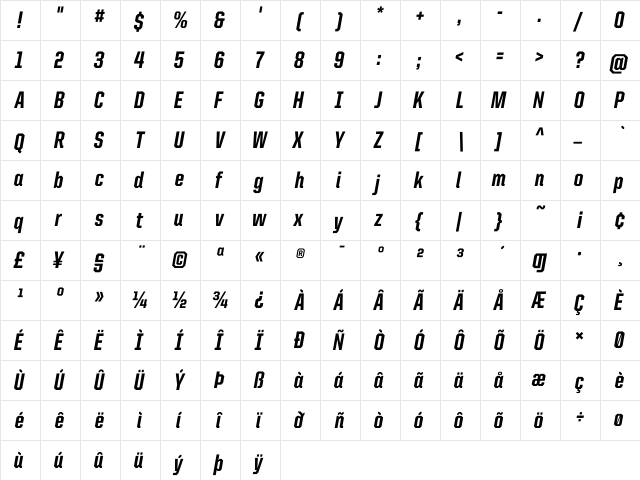 United Italic Cond Heavy  glyph index