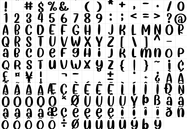 Sweet Winter Regular Regular  glyph index