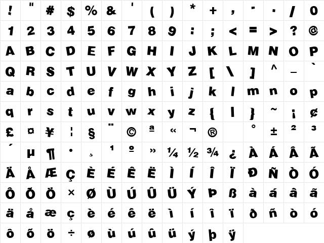 Soopafresh Regular  glyph index