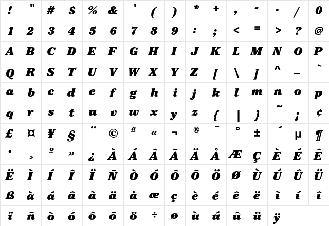 CheltenhamEF-UltraItalic Regular  glyph index