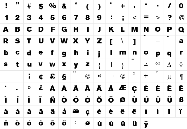 AkzentSuper Regular  glyph index