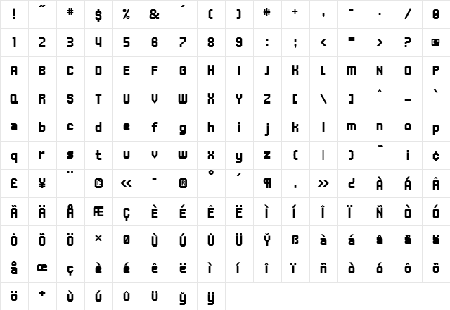 UNDA Regular  glyph index