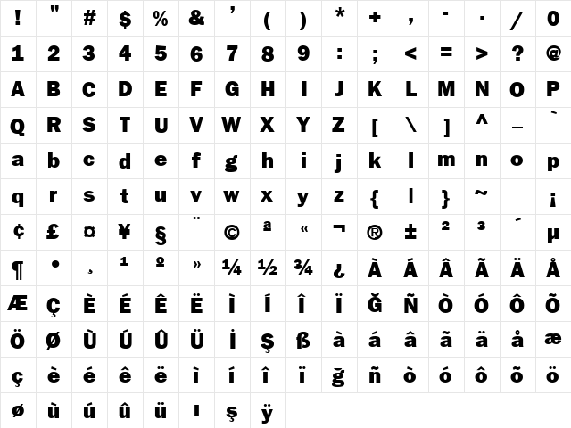 TR FrankfurtGothicHeavy Plain  glyph index