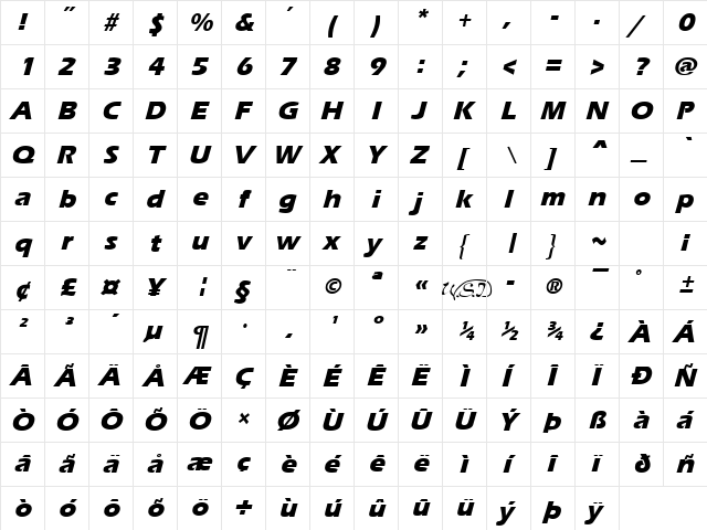 Ergoe-Mild Extrabold Italic  glyph index