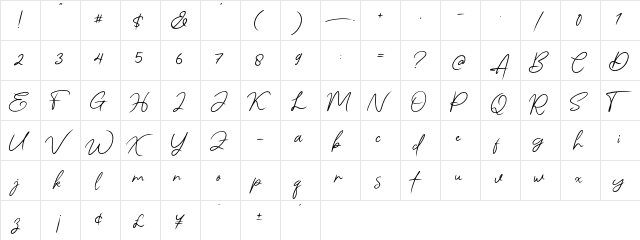 Angello Regular  glyph index