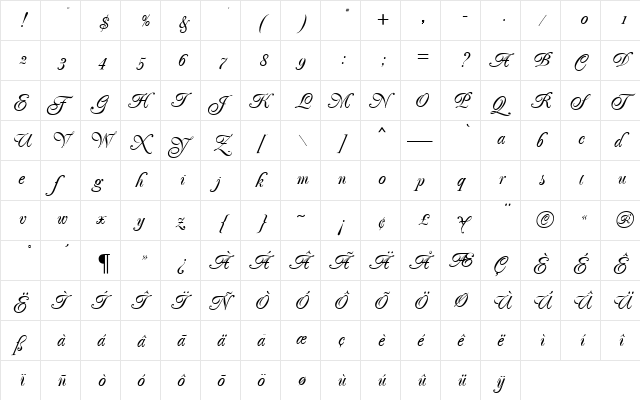 Poppl Exquisit MN Italic  glyph index