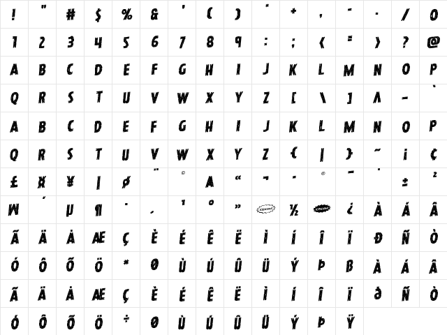 Hanging Tree Staggered Rotalic Italic  glyph index