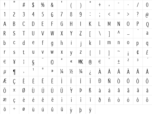SansibarCX-Condensed Regular  glyph index