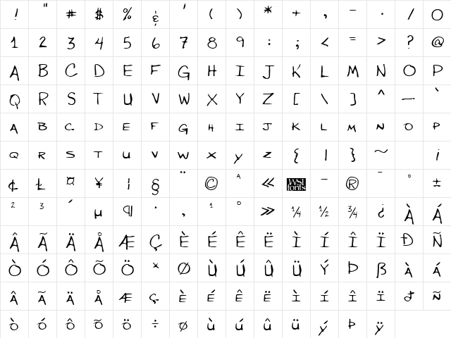 WiltonsHand Regular  glyph index