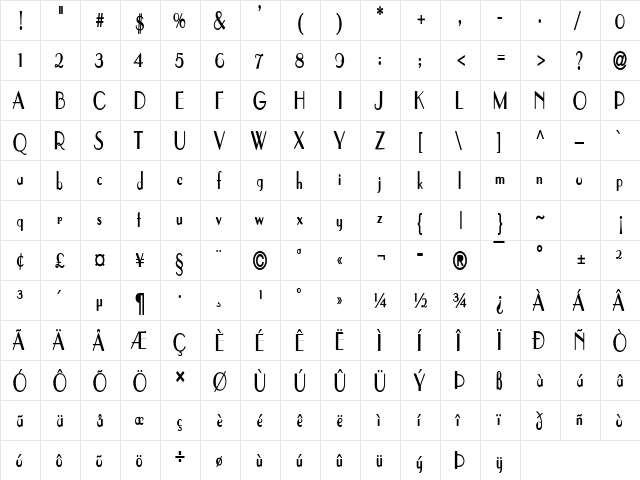 ElyseeCondensed Bold  glyph index