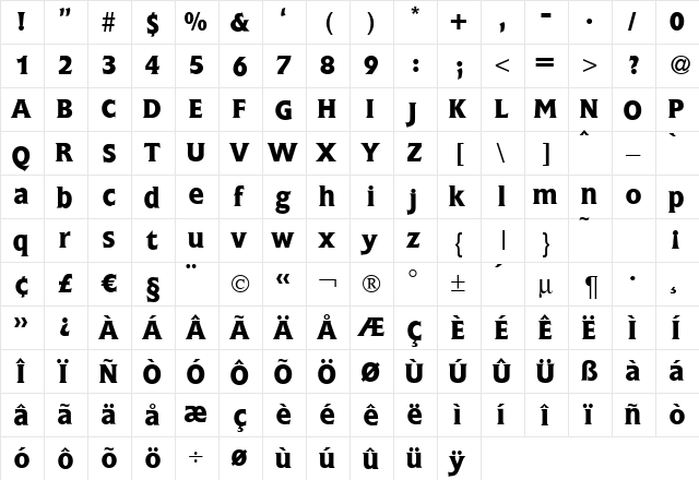 Fleming Bold  glyph index