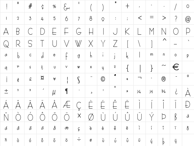 BernieCondensed Bold  glyph index