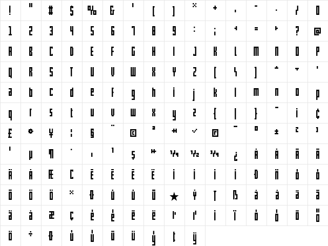 pxlxxlcond Regular  glyph index