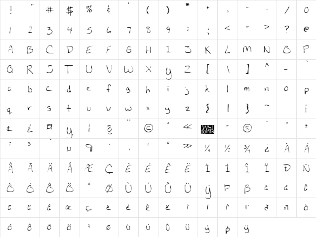 KellysHand Regular  glyph index