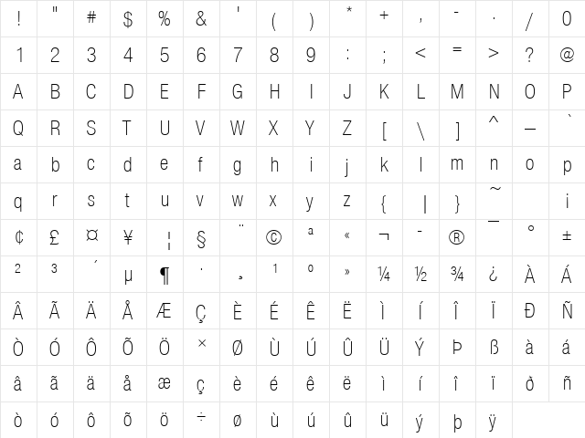 NimbusSanNovDLigCon Regular  glyph index