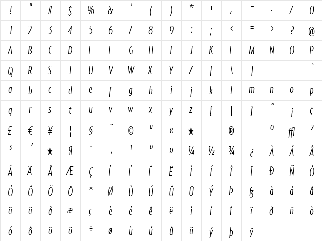 RelayComp-LightItalic Regular  glyph index