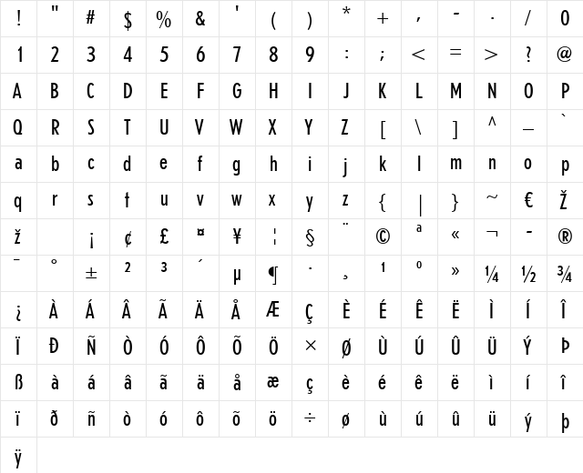 Erbar LT LightCondensed Regular  glyph index
