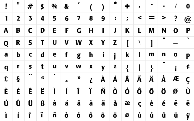 CartoonDemiBold Regular  glyph index