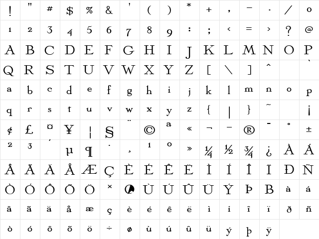 Olympus-Extended Bold  glyph index