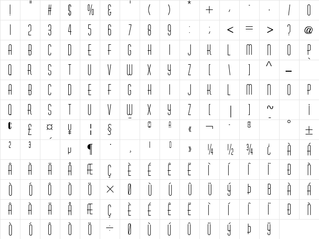 Astaire Regular  glyph index