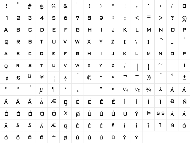 BankGothicCondensed Bold  glyph index
