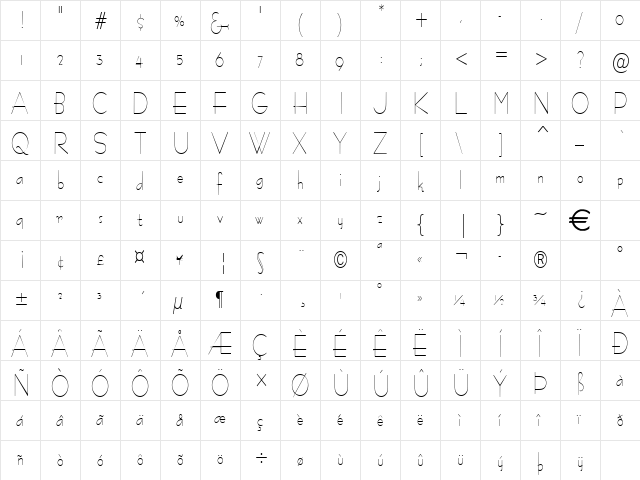 BernieCondensed Normal  glyph index