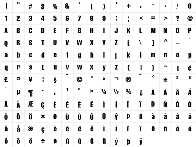 Helvetica Compressed  glyph index