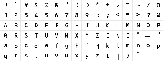 OCR B MT Regular  glyph index
