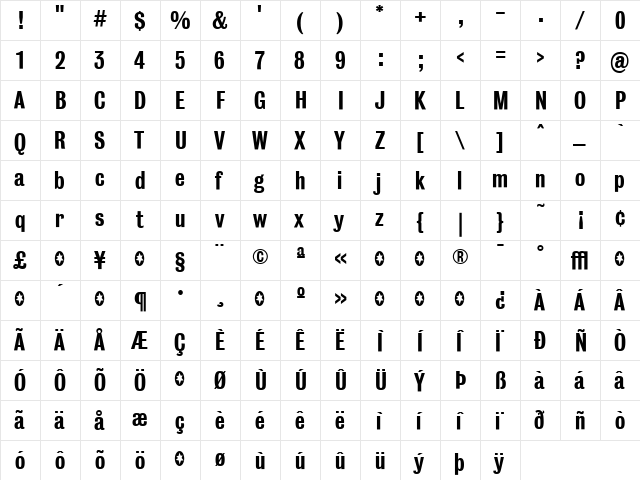 BureauGrotesque-ThreeFive Regular  glyph index