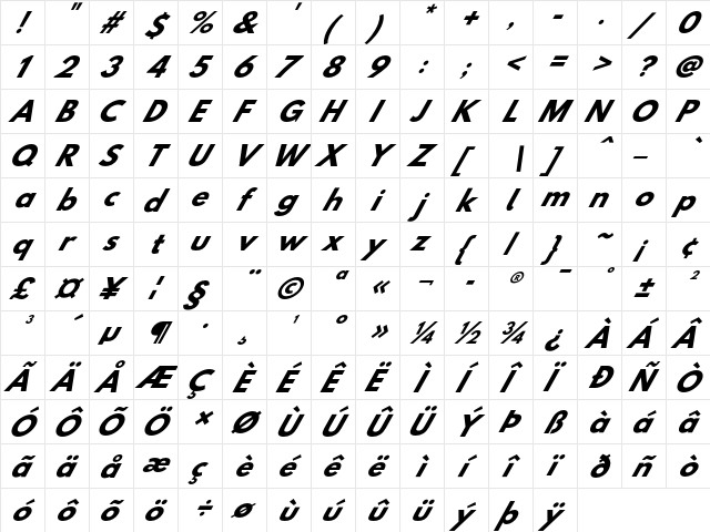 Hussar BdOblSix  glyph index