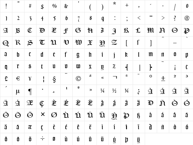 FrederickText Regular  glyph index