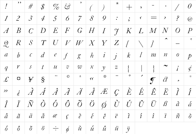 CaslonZL-Italic Regular  glyph index