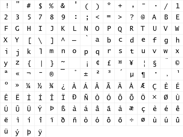 Lucida Becker Sans Typewr Regular  glyph index