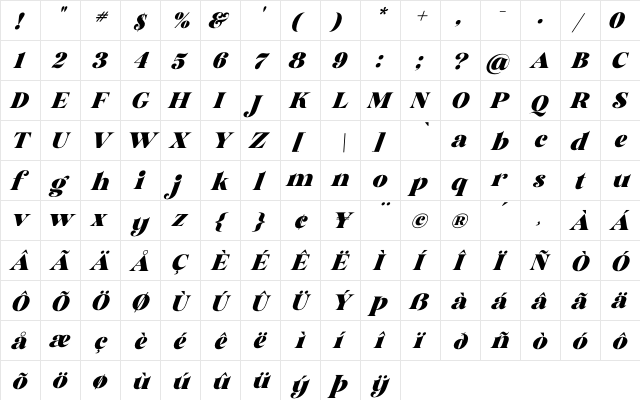 Glory Sunshine Italic Regular  glyph index