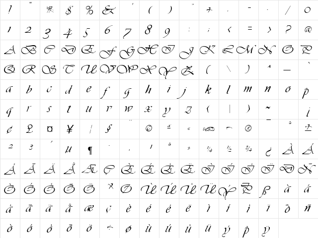 Vivacious Regular  glyph index